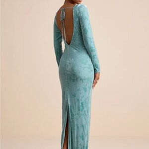 Lulu's Amiria Light Aqua Burnout Velvet Long Sleeve Maxi Dress